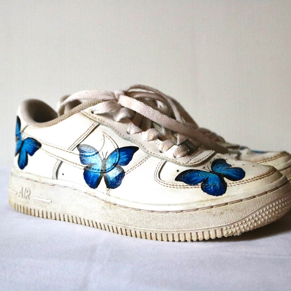 NIKE Air Force One White Customized Blue Butterfly Youth 4.5 (EU 36.5)